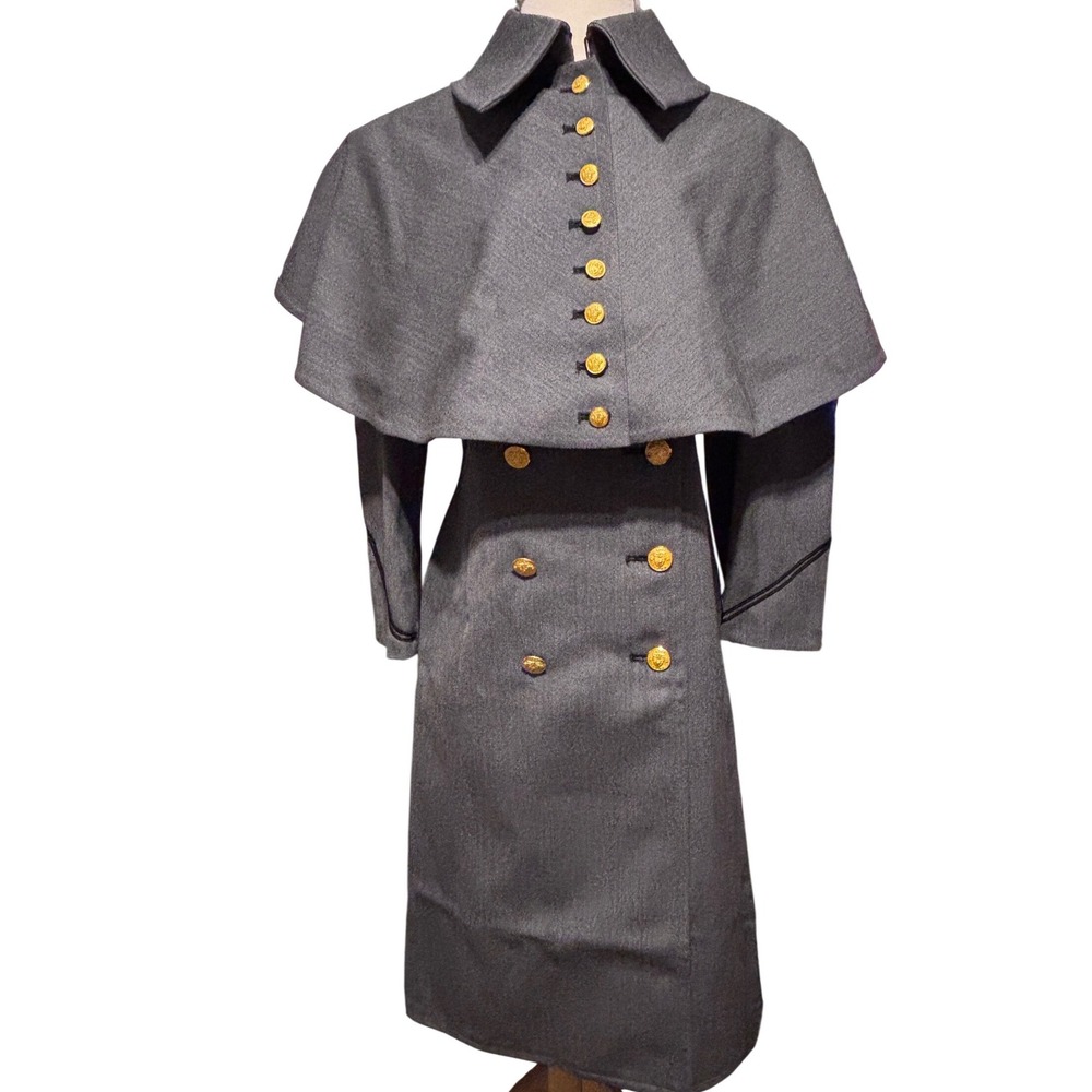 USMA Cadet West Point Cape Trench Coat Women M Grey Gold Button Double Breasted‎